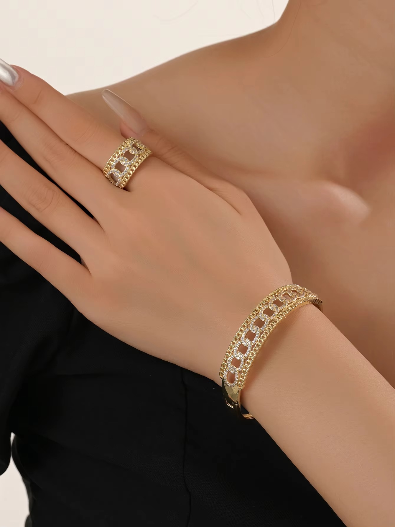 Picture of Jewelry Set 18K Gold Bracelet Ring with Zircon Starry Diamond 