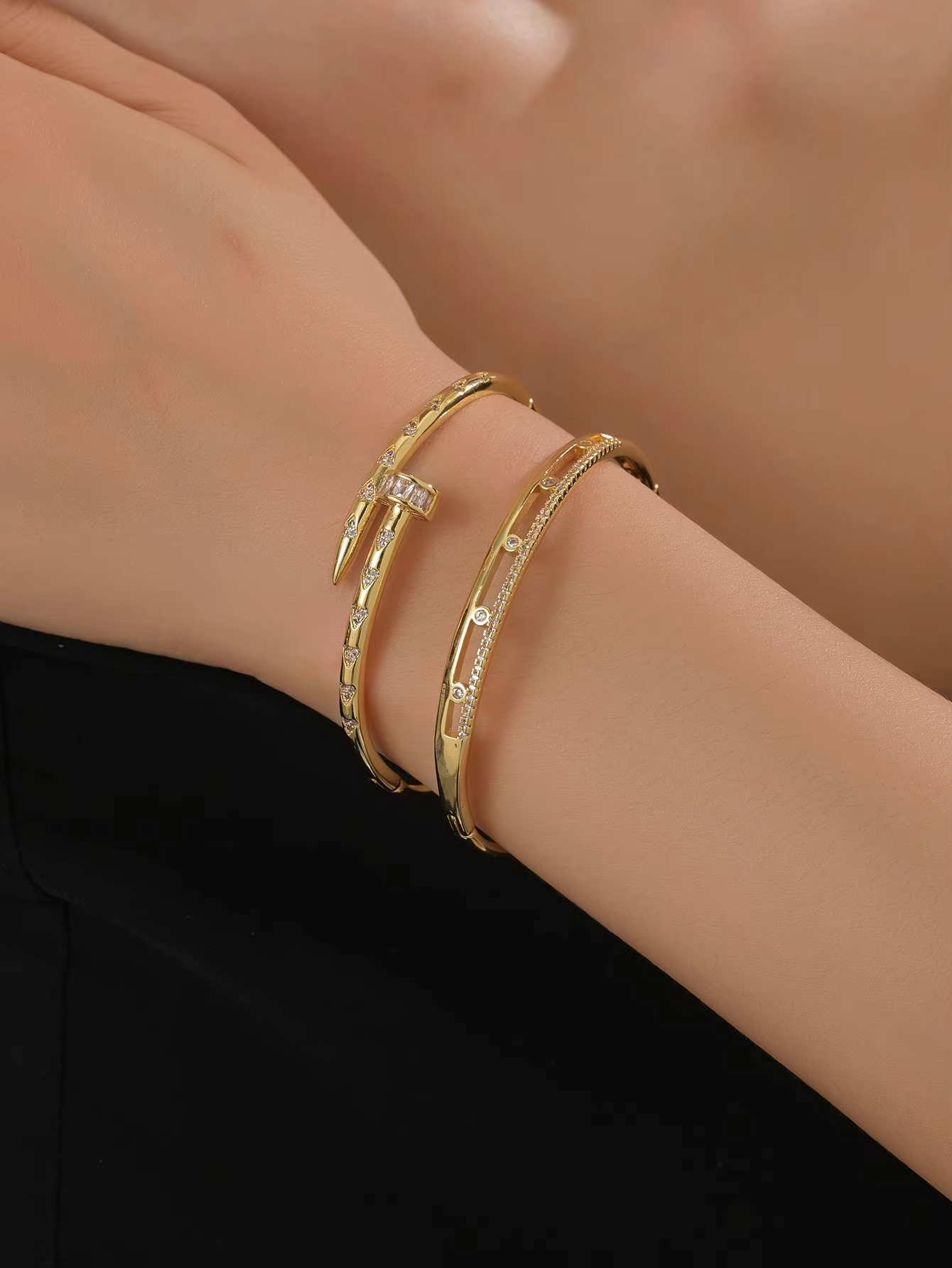 Picture of 18K Plated Diamond Stone Nail Bangle Bracelet 2 Piece Set Stacking